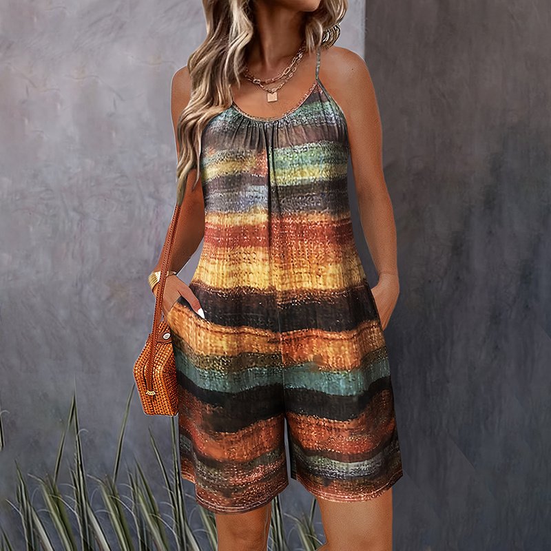Womens Summer Casual Print Sleeveless Rompers Loose Spaghetti Strap Shorts Jumpsuit With Pockets