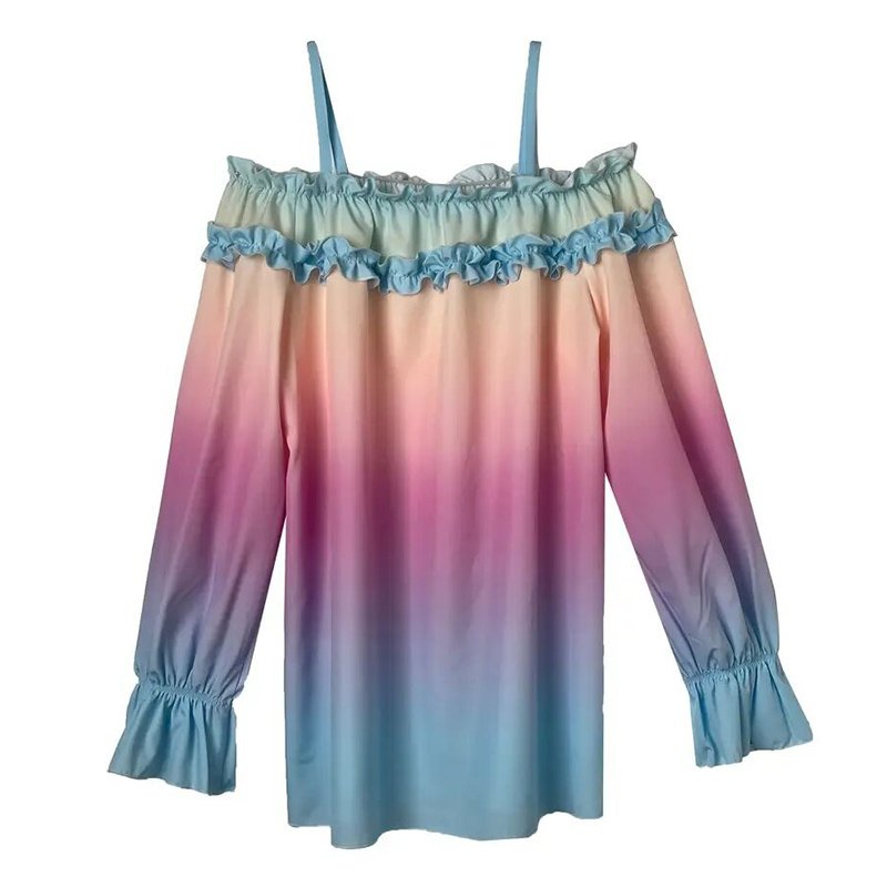 Women's Sexy Off Shoulder Ruffle Trendy Summer Fashion Color Gradient Long Sleeve Blouse - Image 2