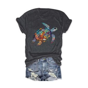 Women's Round Neck Short Sleeve T-Shirt Colorful Turtle Print Summer Casual Top