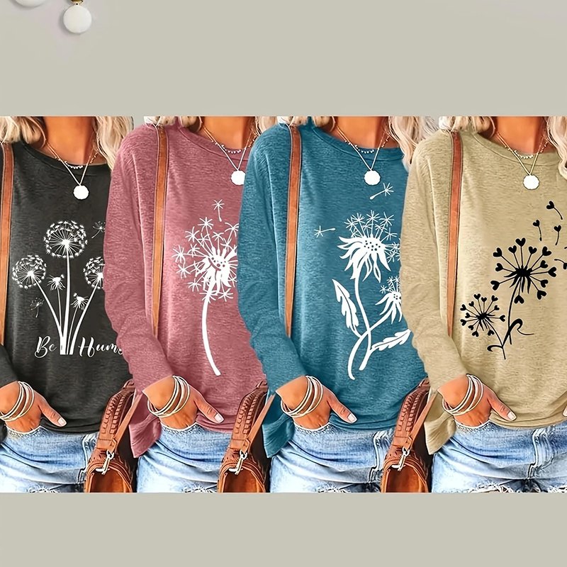 4 Packs Women's Long Sleeve Shirts Dandelion Graphic Print Tees Casual Round Neck T Shirts
