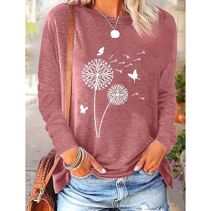 4 Packs Women's Long Sleeve Shirts Dandelion Graphic Print Tees Casual Round Neck T Shirts - Image 8