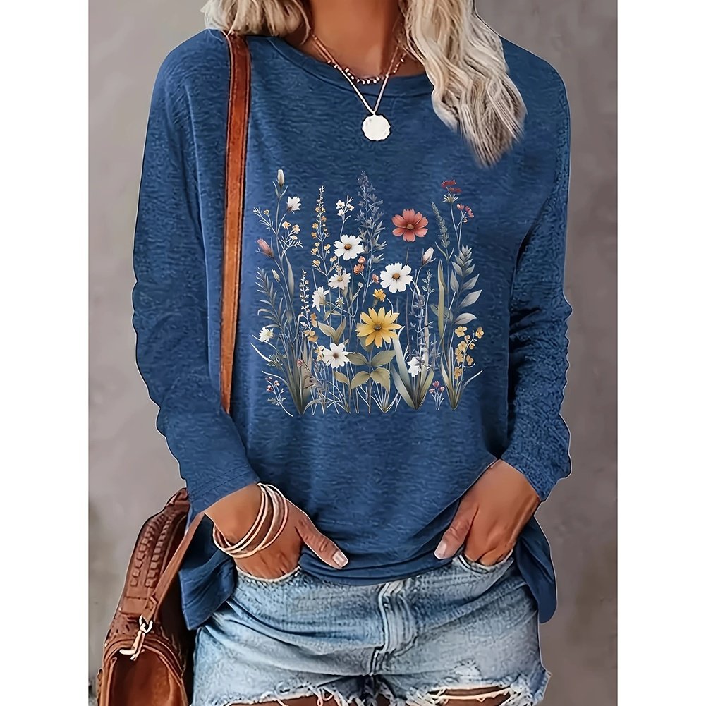 2 Pack Flowers Graphic Long Sleeve Tees Shirts For Women Casual Loose Fitted Tshirts Boho Wildflower Trendy Tops - Image 2