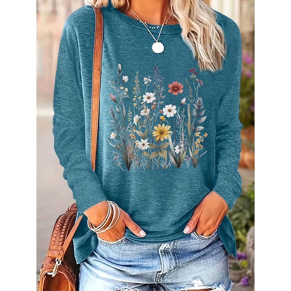 2 Pack Flowers Graphic Long Sleeve Tees Shirts For Women Casual Loose Fitted Tshirts Boho Wildflower Trendy Tops - Image 3