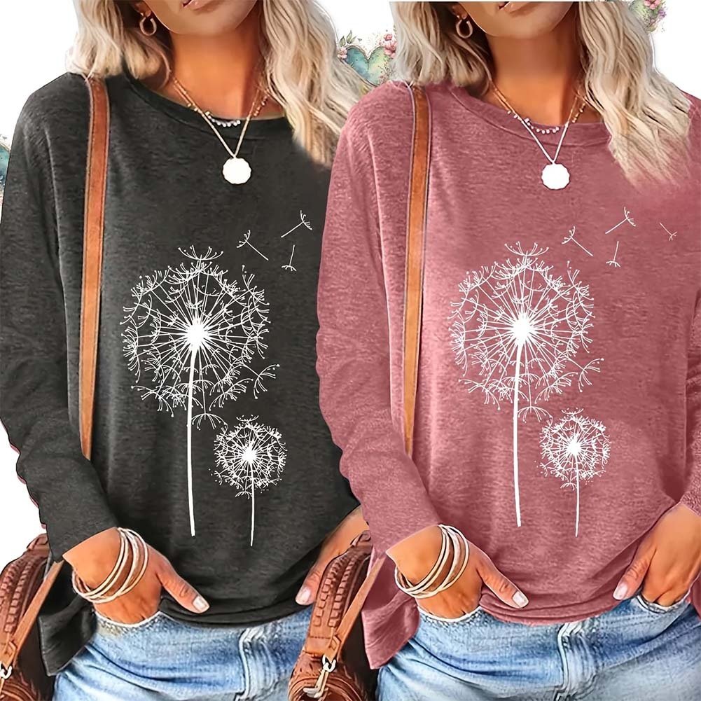 2 Pack Flowers Graphic Long Sleeve Tees Shirts For Women Casual Loose Fitted Tshirts Boho Wildflower Trendy Tops - Image 4