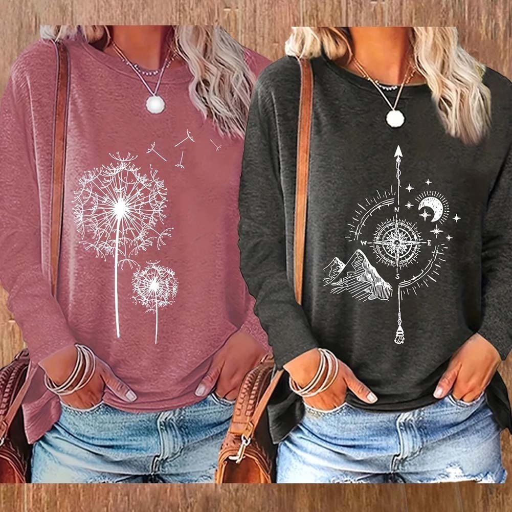 2 Pack Flowers Graphic Long Sleeve Tees Shirts For Women Casual Loose Fitted Tshirts Boho Wildflower Trendy Tops - Image 8