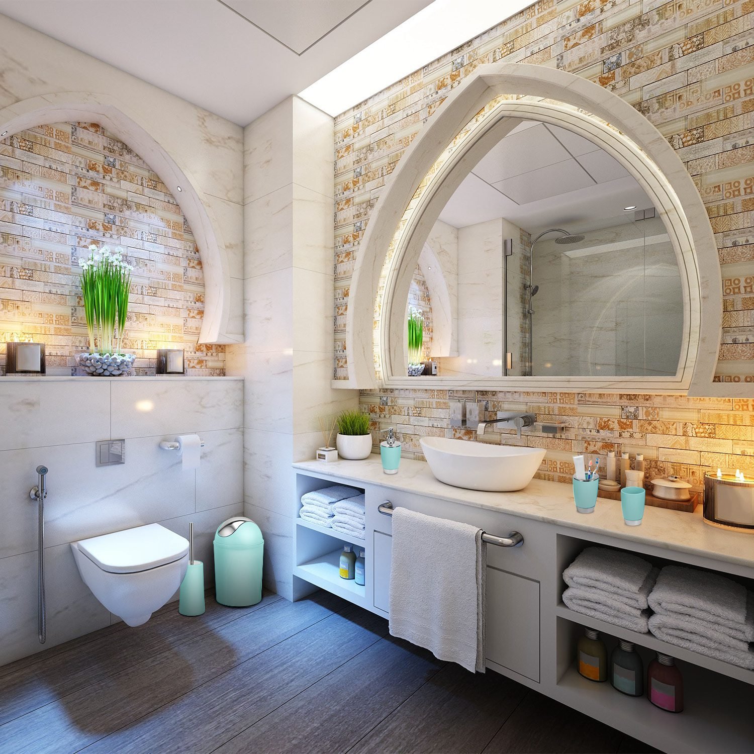 Bathroom Accessories Set 6 Pcs Bathroom Set Ensemble Complete Soap Dispenser Toothbrush Holder Tumbler Soap Dish Toilet Cleaning Brush Trash Can - Image 3