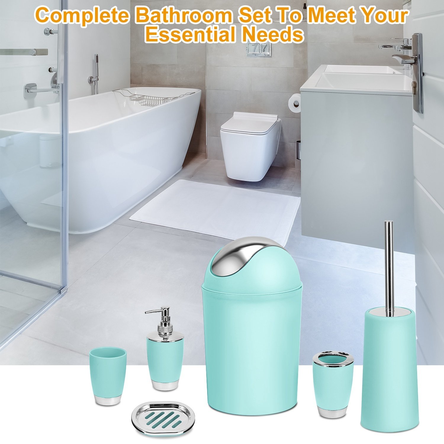 Bathroom Accessories Set 6 Pcs Bathroom Set Ensemble Complete Soap Dispenser Toothbrush Holder Tumbler Soap Dish Toilet Cleaning Brush Trash Can - Image 5