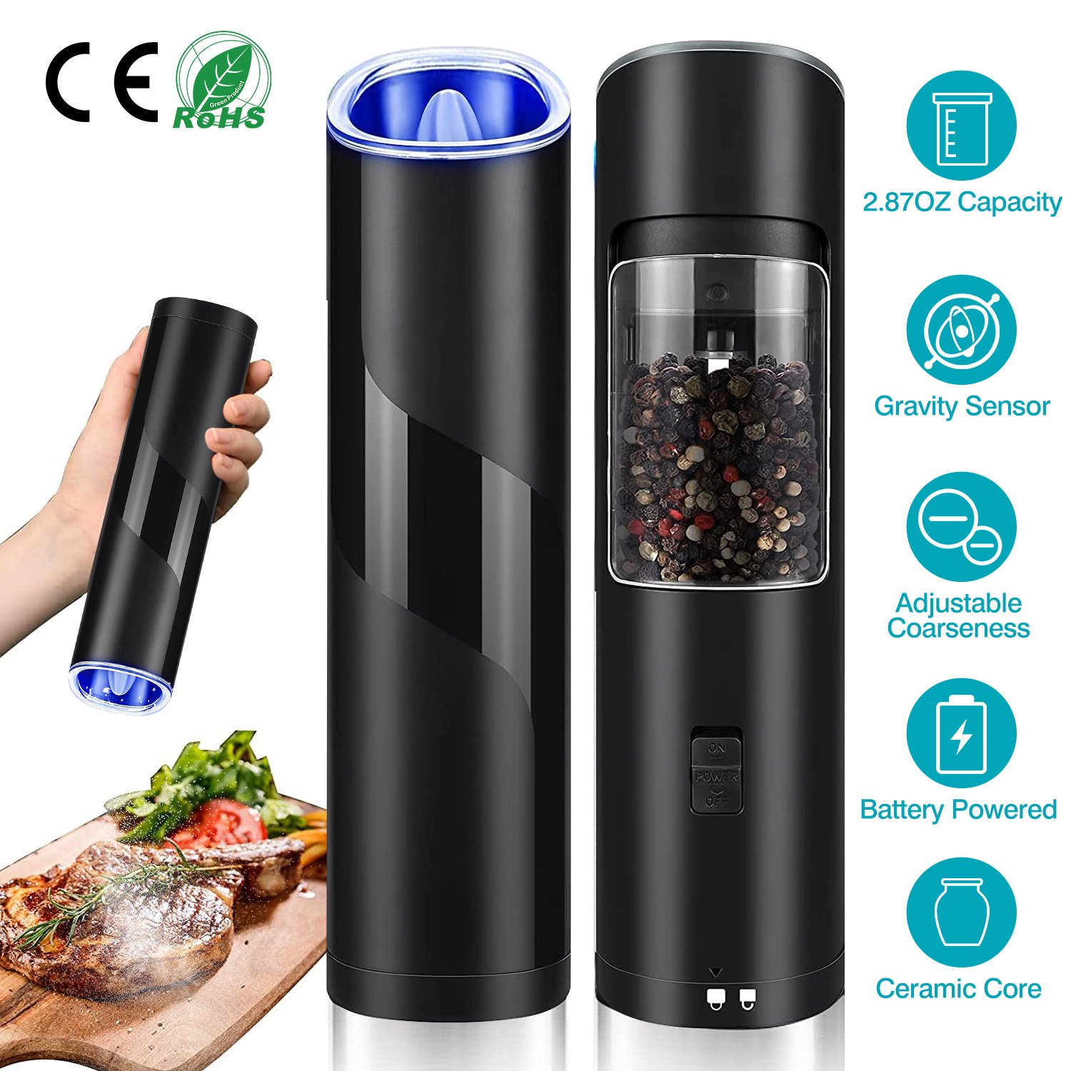 Electric Salt And Pepper Grinder Automatic Gravity Sensor Battery Powered Salt Mill LED Indicator Adjustable Coarseness One Hand Easy Operation