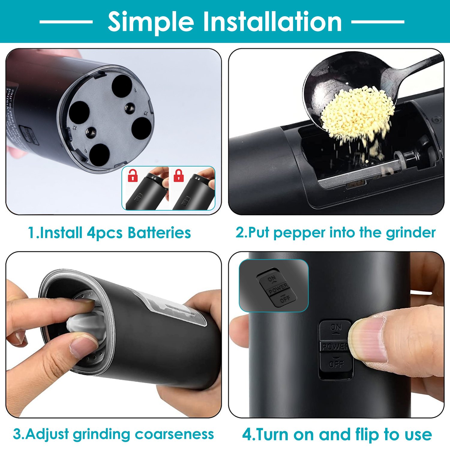 Electric Salt And Pepper Grinder Automatic Gravity Sensor Battery Powered Salt Mill LED Indicator Adjustable Coarseness One Hand Easy Operation - Image 10