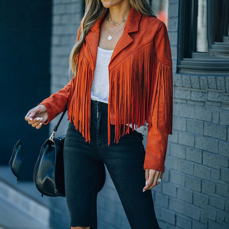 Women's Notched Collar Open-Front Fringed Jacket Casual Faux Suede Tassel Motorcycle Cropped Jacket - Image 2