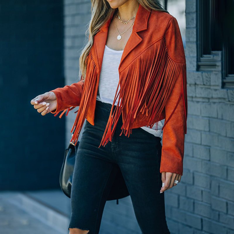 Women's Notched Collar Open-Front Fringed Jacket Casual Faux Suede Tassel Motorcycle Cropped Jacket - Image 3