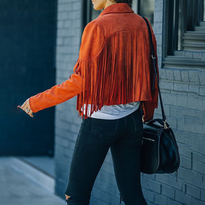 Women's Notched Collar Open-Front Fringed Jacket Casual Faux Suede Tassel Motorcycle Cropped Jacket - Image 4