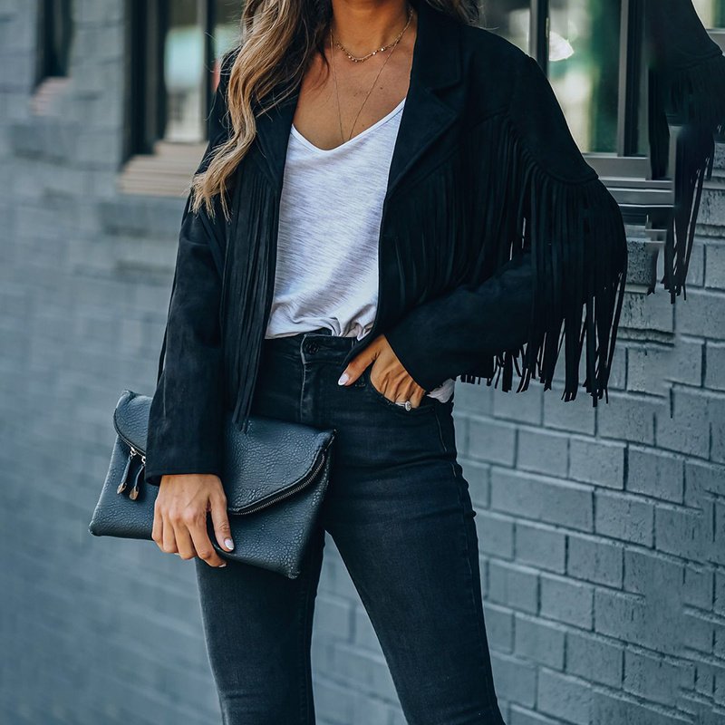 Women's Notched Collar Open-Front Fringed Jacket Casual Faux Suede Tassel Motorcycle Cropped Jacket - Image 9