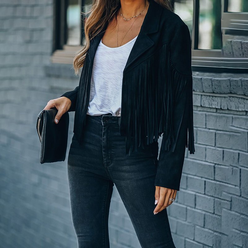 Women's Notched Collar Open-Front Fringed Jacket Casual Faux Suede Tassel Motorcycle Cropped Jacket - Image 10