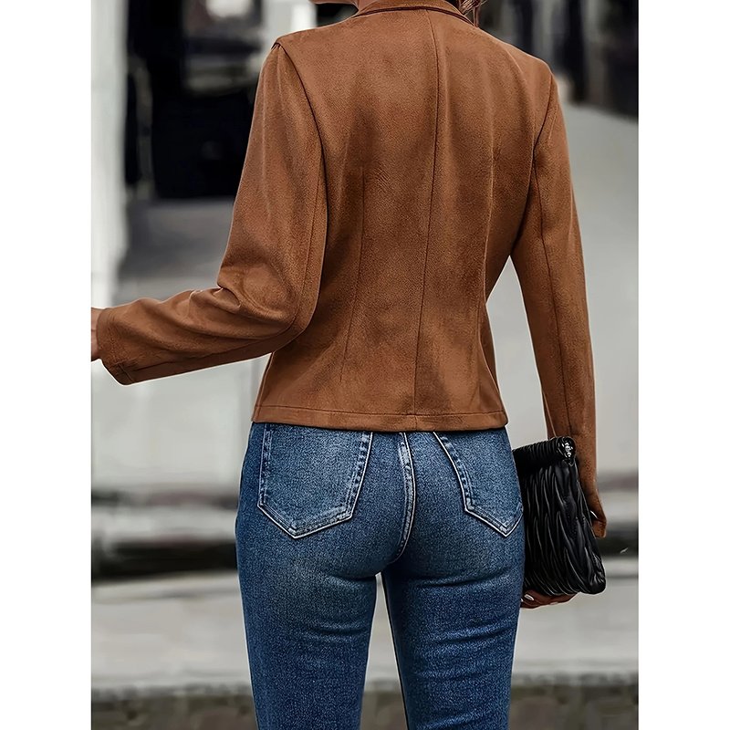 Women's Faux Suede Blazer - Long Sleeve Notch Lapel Open Front Jacket, Casual Business Office Blazer - Image 3