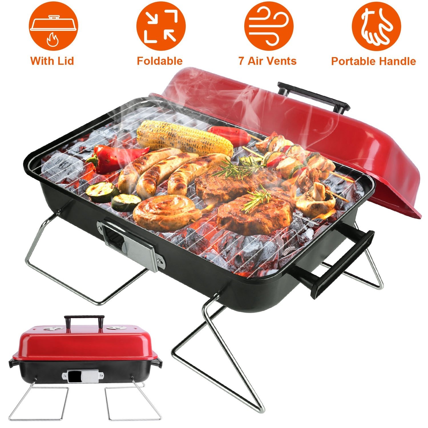Portable Charcoal Grill Outdoor Tabletop Grill Small Barbecue Smoker Folding BBQ Grill With Lid For Camping Picnics Beach - Image 2