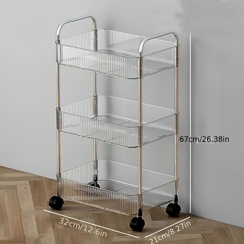 Modern Storage Three-Tier Acrylic Cosmetic Cart With Wheels - Transparent Bathroom And Living Room Storage, Portable Cosmetic Storage Box - Image 2