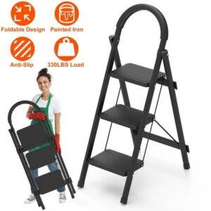 3-Step Folding Ladder, 330lbs Load Capacity, Lightweight 6.94lbs With 1.57in Folding Width, Heavy Duty Steel Construction, Non-Slip Pedals & Feet, Safety Lock, Multi-Use For Home Kitchen Living Room