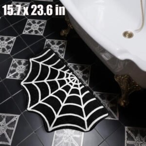15.7 X 23.6 Inch Halloween Decor Spider Web Bath Mat For Bathroom, Gothic Cute Halloween Decoration Black White Half Circle Bath Mat Non Slip Cashmere Bath Rug Bathroom Mat Plush Shower Rugs