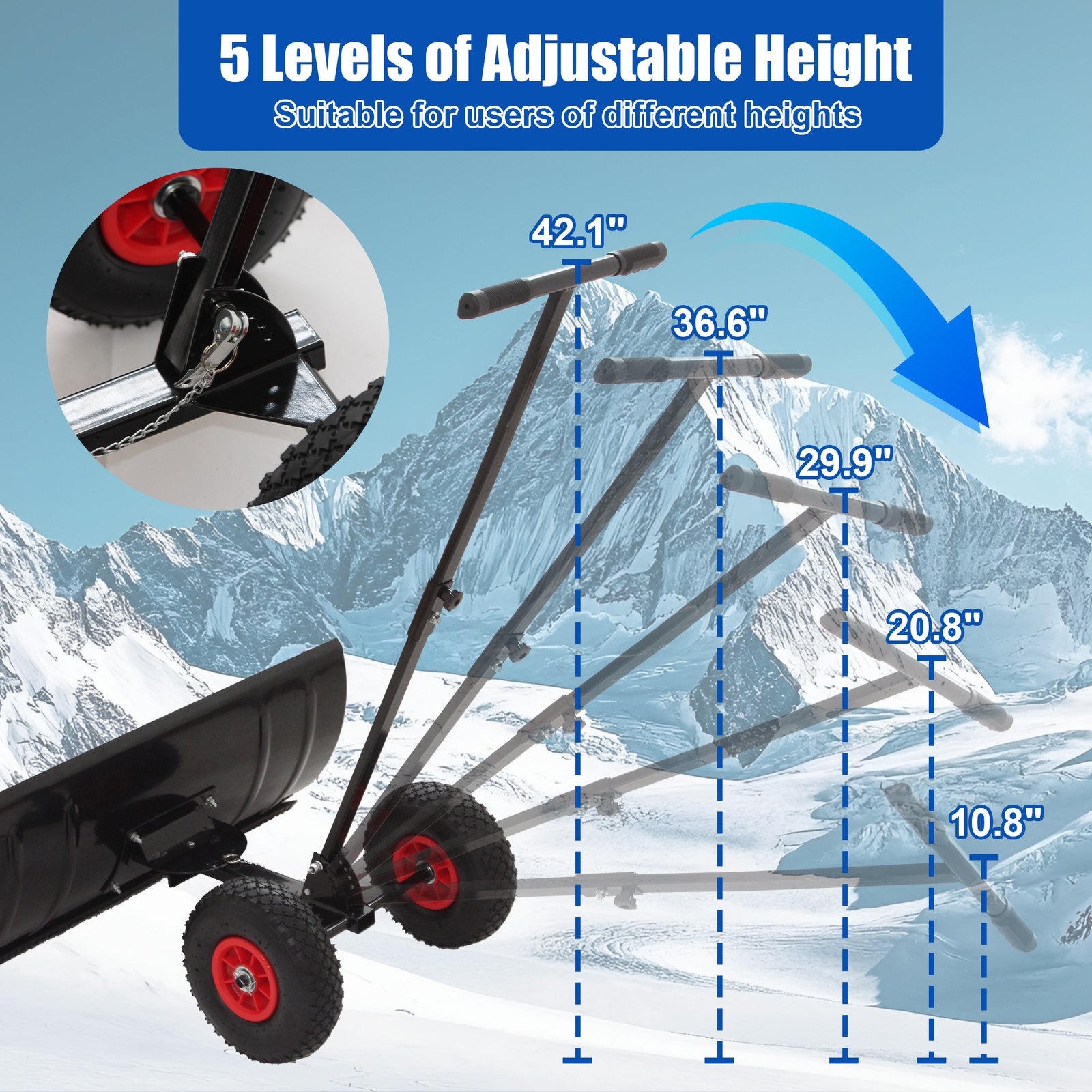 This 30-inch Wide, 15-inch High Metal Snowplow Features Two Wheels, Adjustable Handle Angle And Height For Easy Snow Removal, And An Ergonomic Single-pole Design Suitable For Driveways And Sidewalks. - Image 7