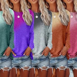 5 Pack Women's Casual Gradient Color Round Neck Long Sleeve Tops Set Spring & Fall