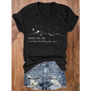 Women's V-Neck Geometric Mountain & Starry Night Print With Inspirational Quote Summer Tee