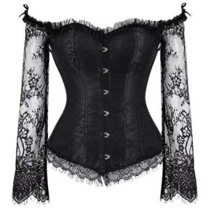 Women's Vintage Corset Top With Lace Long Sleeves, Off-Shoulder Sexy Laced Blouse For Party And Date Night