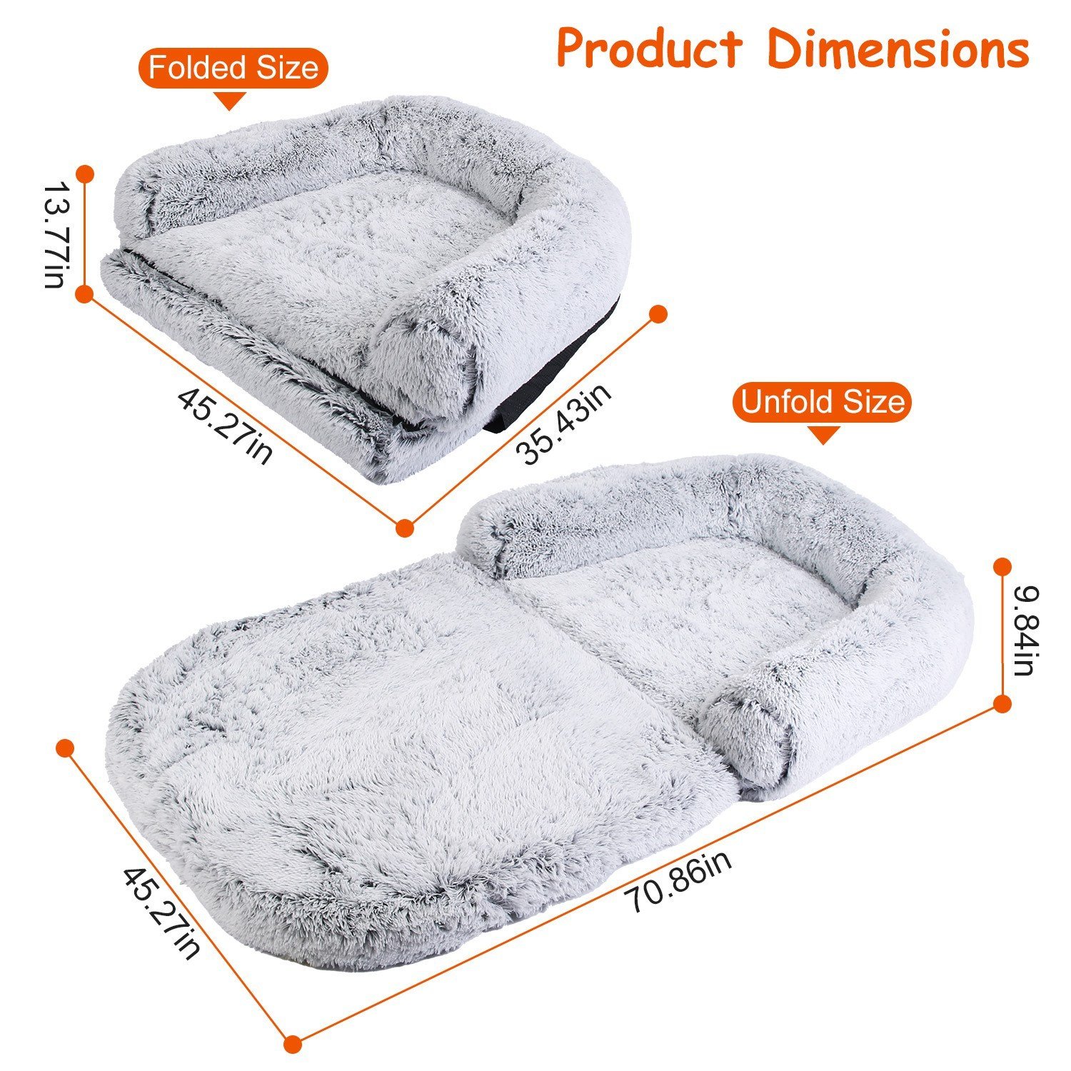 1Pc Large Foldable Human Size Dog Bed With Pillow Blanket Flurry Plush Napping Human-Sized Dog Bed Machine Washable Zipped Removable Cover For Pets Kids Adults Grey 71x45x10in - Image 7
