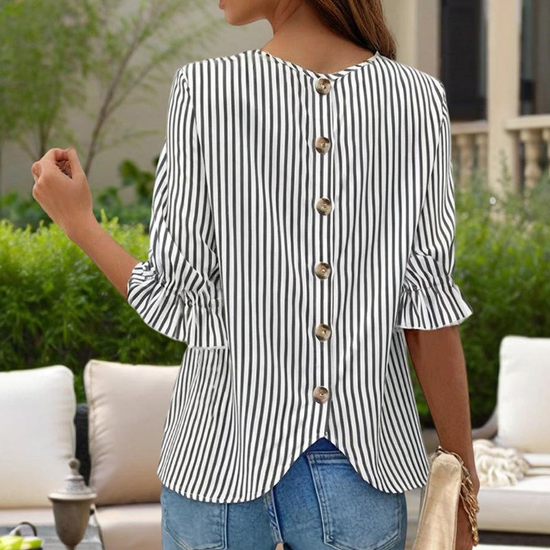 Women's Solid Color Casual Back Button Shirt - Round Neck Striped Summer Top, Breathable Blouse For Relaxed Wear - Image 5