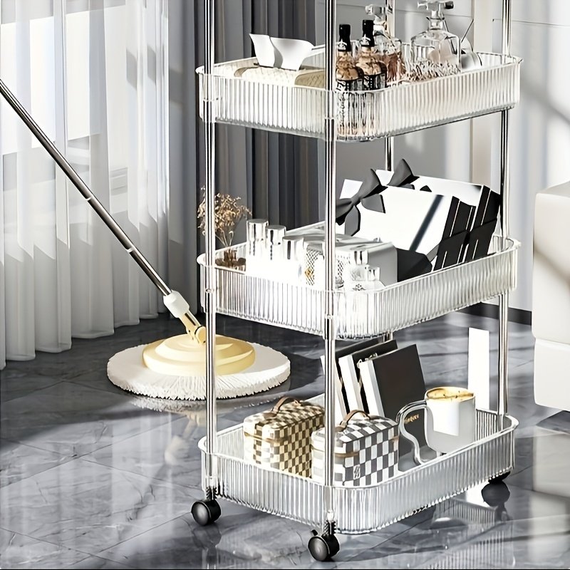 Modern Storage Three-Tier Acrylic Cosmetic Cart With Wheels - Transparent Bathroom And Living Room Storage, Portable Cosmetic Storage Box - Image 4