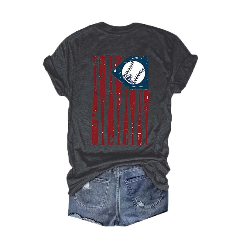 Women's Baseball Print Round Neck Tee - Front & Back Graphic Summer Casual T-Shirt - Image 3