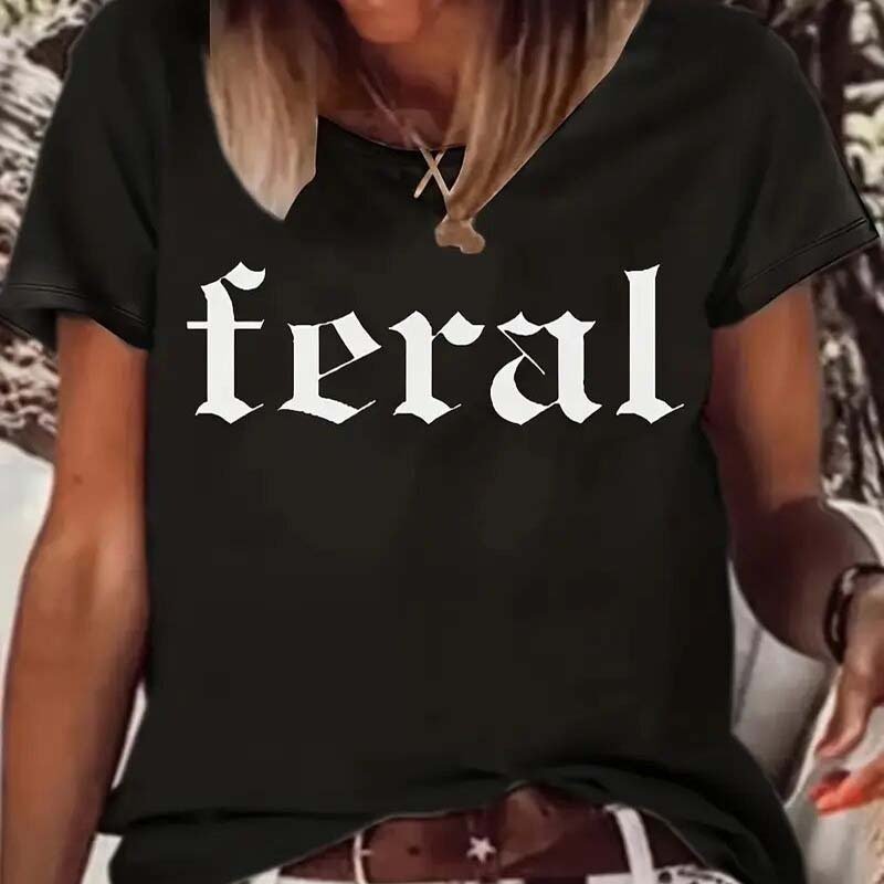 Women's Casual 'Feral' Letter Print T-Shirt - Breathable Round Neck Tee For Summer