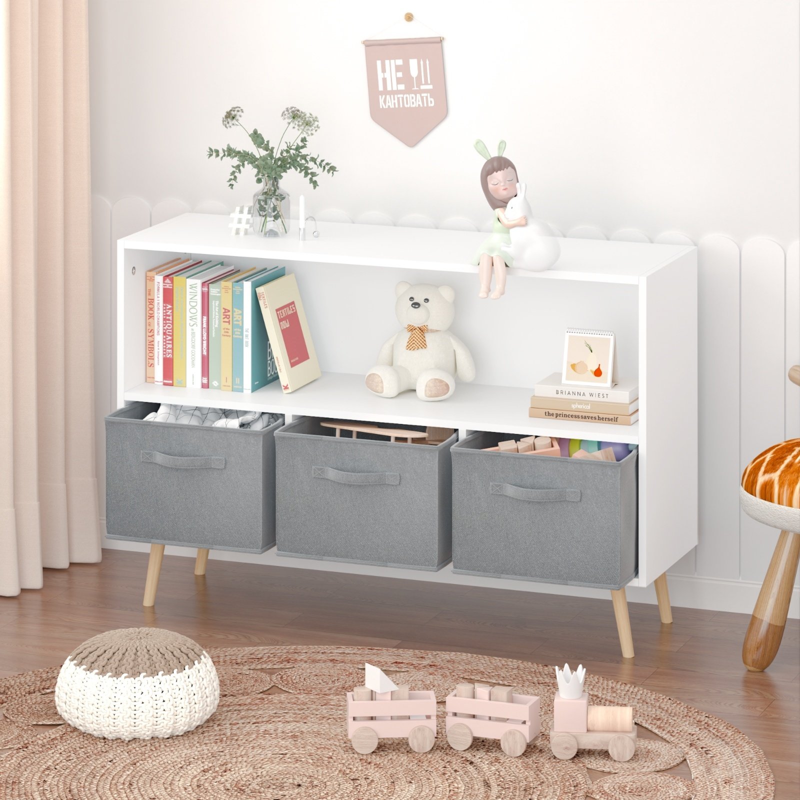 Kids Bookcase With Fabric Drawers, Children's Book Display & Toy Storage Cabinet - Image 9
