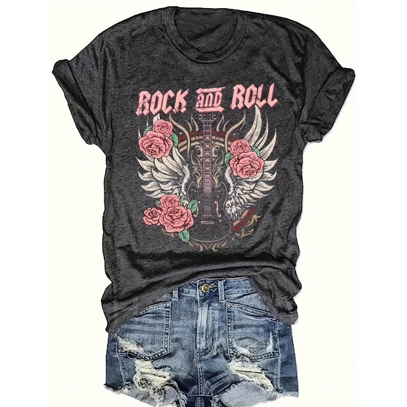Women's Rock Floral Wing Print Short Sleeve T-Shirt Edgy Casual Summer Top