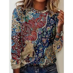 Women's Floral Print Long Sleeve Shirt Casual Round Tunic Blouse Top