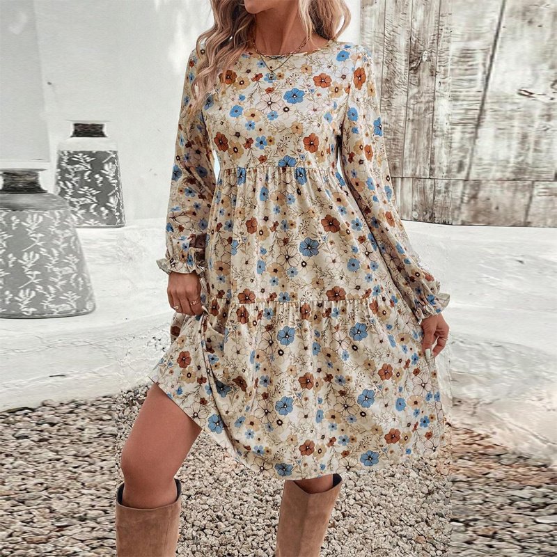 Women's Floral Print Boho Dress, Round Neck Smocked Cuff Sleeve Midi Dress With Patchwork Design For Spring And Fall - Image 5