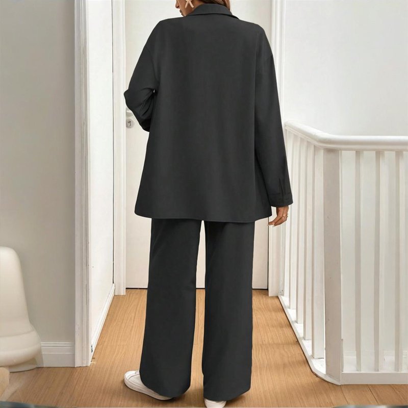 Women's Solid Color Shirt & Pants Set - Long Sleeve Button-Down Top With Elastic Waist Straight Pants Minimalist Casual Outfit - Image 6