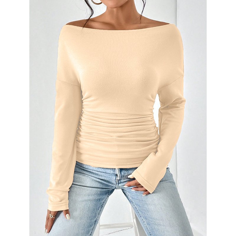 Women's Off The Shoulder Tops Long Sleeve T Shirts Going Out Tops Casual Trendy Ruched Slim Fitted Tees - Image 10