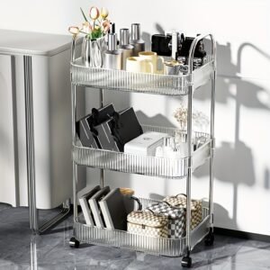 Modern Storage Three-Tier Acrylic Cosmetic Cart With Wheels - Transparent Bathroom And Living Room Storage, Portable Cosmetic Storage Box
