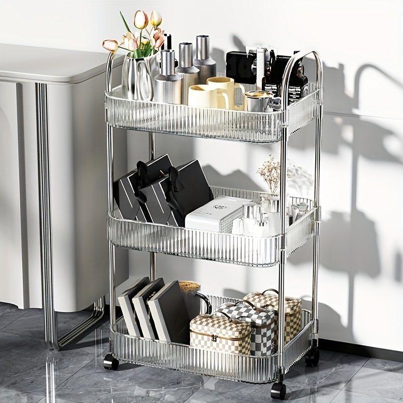 Modern Storage Three-Tier Acrylic Cosmetic Cart With Wheels - Transparent Bathroom And Living Room Storage, Portable Cosmetic Storage Box