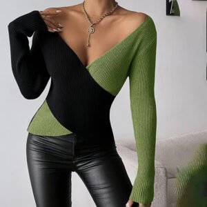 Women's Elegant V-Neck Cross Front Sweater, Color Block Knit Top For Spring And Fall Layering