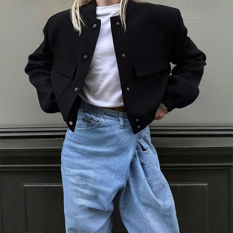 Women's Solid Color Long Sleeve Baseball Jacket With Button Front & Pockets - Casual Short Jacket For Spring&Fall - Image 6