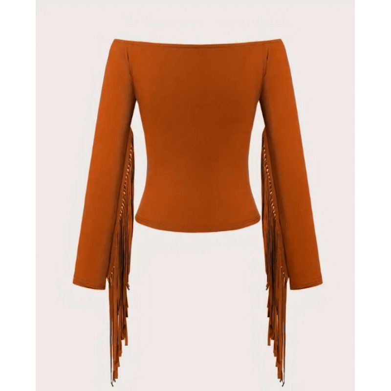Women's Western Cowgirl Off-Shoulder Fringe Top, Sexy Slim Fitted Long Sleeve Tassel Blouse - Image 10