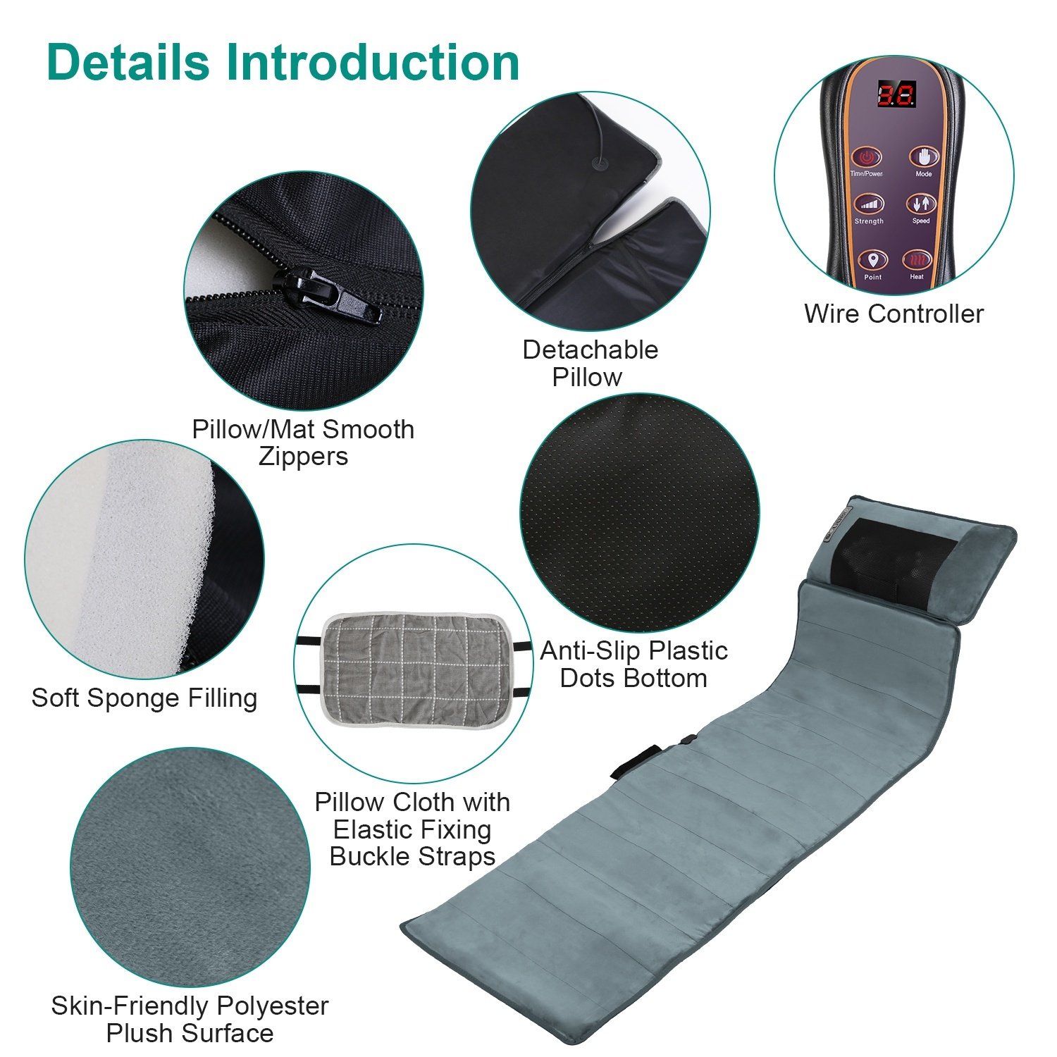 Advanced Type Full Body Electric Massage Mat With Heat Vibration Massage Pad Cushion Back Massage Mattress Chair Pad With Neck Massage Pillow With 10 Vibration Motors Timer Anti-Slip Bottom Earplugs - Image 4