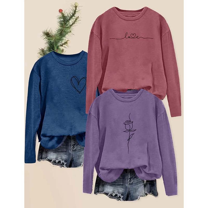 Women's 3 Packs Graphic Long Sleeve T Shirts Letter Print Tees Casual Crewneck Tunic Tops