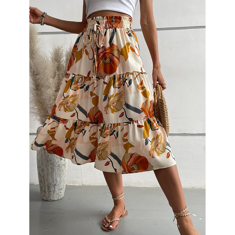 Women's Floral Tiered Midi Skirt Elastic Waist Dressy Casual A-line Flowy Boho Skirts - Image 5