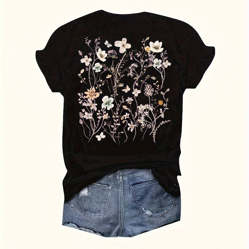Women's Round Neck Short Sleeve T-Shirt - Front & Back Floral Print Summer Casual Tee - Image 3