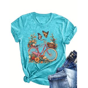 Women's Bicycle Floral Butterfly Print T-Shirt - Artistic Casual Crewneck Summer Tee