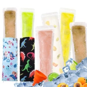 100 Disposable Ice Popsicle Bags With 2 Popsicle Sleeves, Neoprene Freezer Ice Pop Holder And Freezer Tubes With Zip Seals For Snacks, Yogurt Sticks Fruit Smoothies Comes With A Funnel Clearance