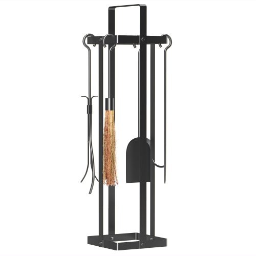 Outsunny Fireplace Tools Set Indoor Outdoor 5 Piece Heavy Duty Metal Fireplace Accessories Set With Brush Broom, Poker, Shovel, Tongs And Stand For Chimney, Black On-Site - Image 3